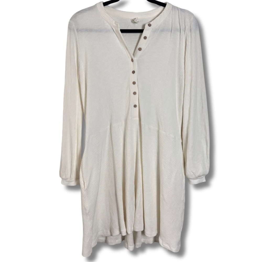 Flawless (S) Creamy White Ribbed Button Front Mini Dress, A-Line, Longsleeve